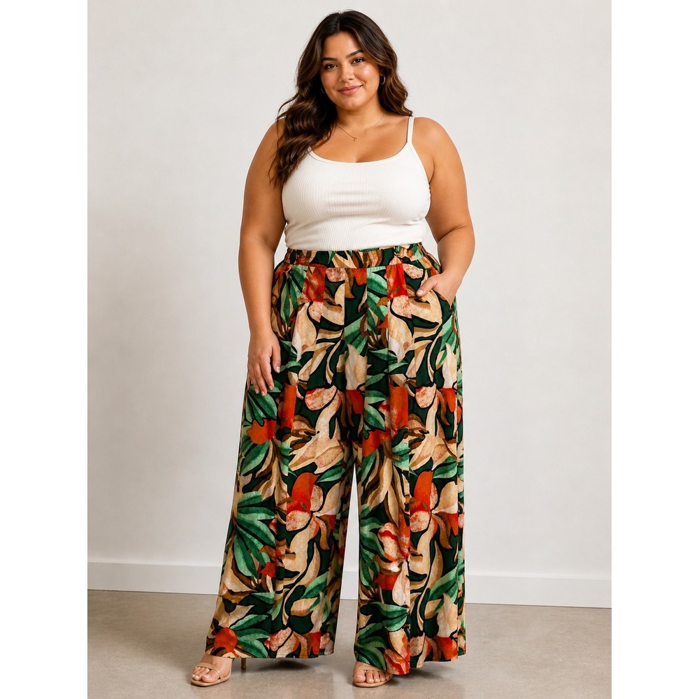 Moon Orchid Tropical Floral‎ Wide Leg Pants Vacation Beach Coastal Career Summer